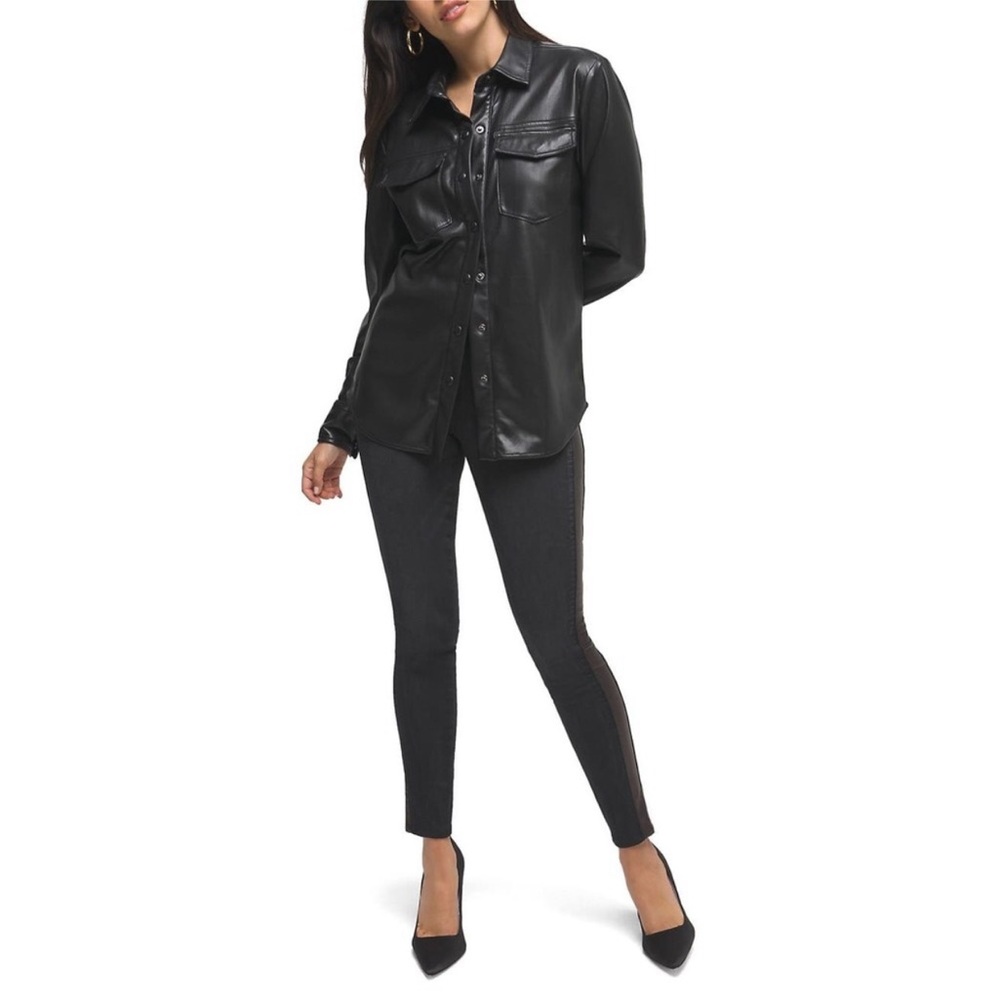 C Good American Black Faux Leather Women Button Down Shirt Jacket Size Medium